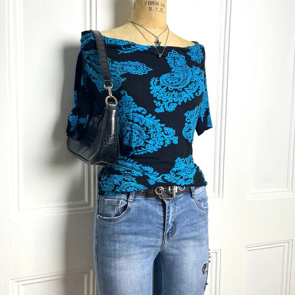 Inc short sleeve black and blue paisley print top with high cowl neckline - Picture 2 of 6